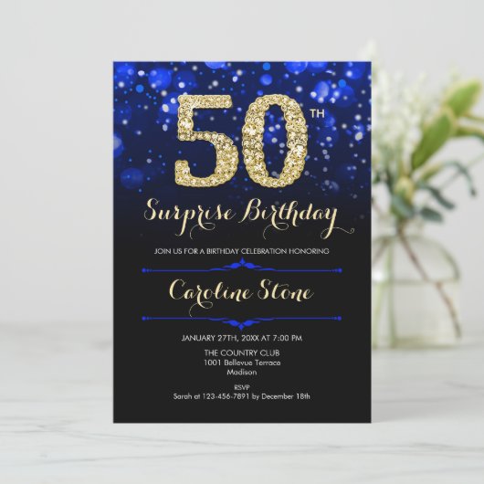 Invitation Royal Blue Gold Surprise 50e anniversaire (Debout devant)