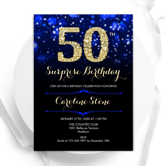 Invitation Royal Blue Gold Surprise 50e anniversaire