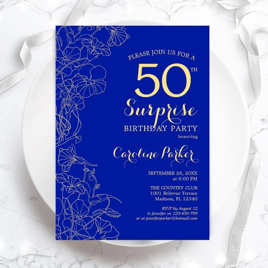 Invitation Royal Blue Gold Surprise 50e fête d'anniversaire