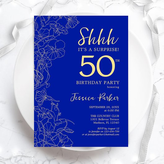 Invitation Royal Blue Gold Surprise 50th Birthday