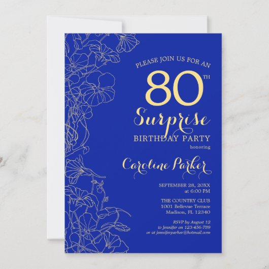 Invitation Royal Blue Gold Surprise 80e fête d'anniversaire (Devant)