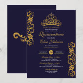 Invitation Royal Blue & Gold Tiara Crown Elegant Quinceañera (Devant / Derrière)
