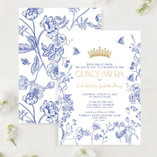 Invitation Royal Blue Gold Tiara Floral Butterfly Quinceañera