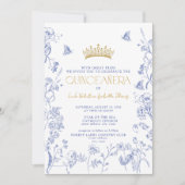 Invitation Royal Blue Gold Tiara Floral Butterfly Quinceañera (Devant)