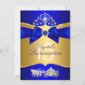 Invitation Royal Blue Gold Tiara Pearl Bow Quinceanera (Devant)