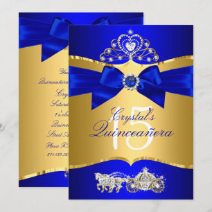 Invitation Royal Blue Gold Tiara Pearl Bow Quinceanera
