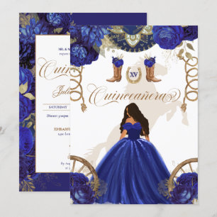 Invitation Royal Blue Gold Western Charro Quinceanera 2 faces