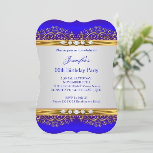 Invitation Royal Blue Gold White Diamond fête d'anniversaire (Debout devant)