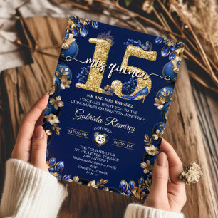 Invitation Royal Blue Golden Mis Quince 15 Quinceañera