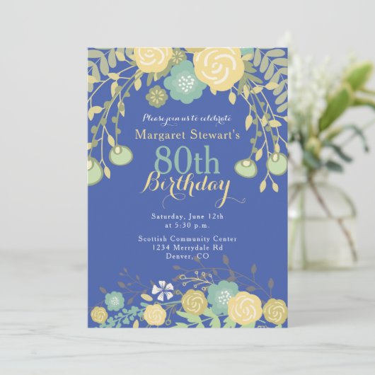 Invitation Royal Blue Green Jaune Floral 80e anniversaire (Debout devant)