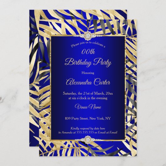 Invitation Royal Blue Grey Gold Palms Diamond Anniversaire (Devant / Derrière)