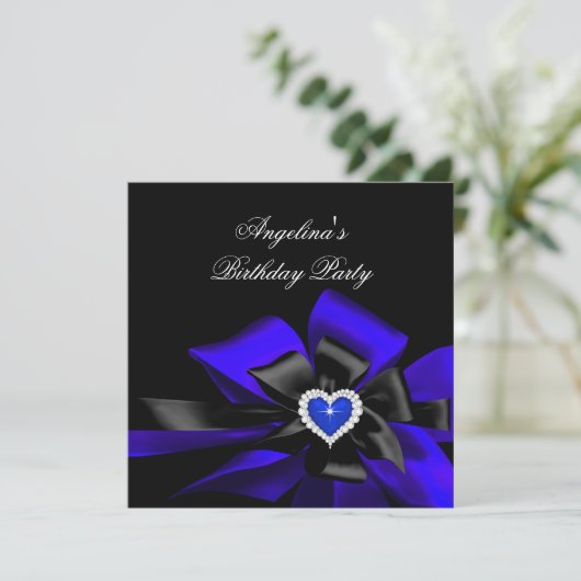 Invitation Royal Blue Heart Black Bow Image Anniversaire (Debout devant)