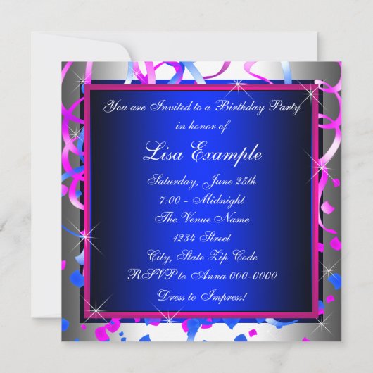 Invitation Royal Blue Hot rose Zebra fête d'anniversaire (Dos)