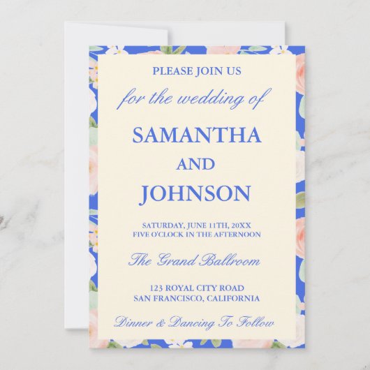 Invitation Royal Blue Ivory Floral Monogram Photo Wedding (Devant)