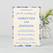 Invitation Royal Blue Ivory Floral Monogram Photo Wedding (Debout devant)