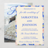 Invitation Royal Blue Ivory Floral Monogram Photo Wedding (Devant / Derrière)
