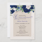Invitation Royal Blue Ivory Floral Roses Quinceanera et messe (Devant)