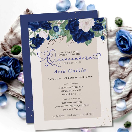 Invitation Royal Blue Ivory Floral Roses Quinceanera et messe