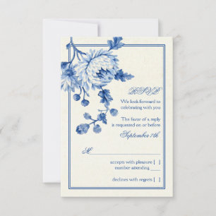 Invitation Royal Blue Ivory Toile Floral Wedding RSVP Réponse