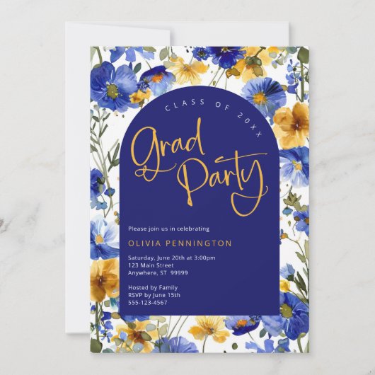 Invitation Royal Blue Jaune Fleur sauvage Grad Party Invitati (Devant)