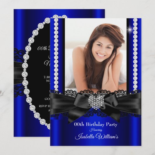 Invitation Royal Blue Lace Diamond Heart Photo Anniversaire (Devant / Derrière)