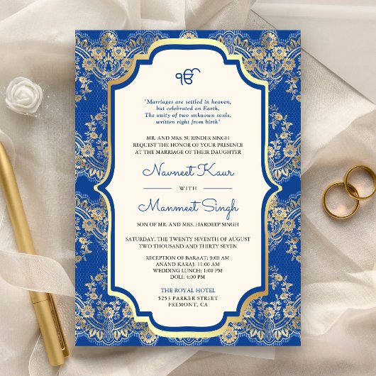 Invitation Royal Blue Lace QR Code Anand Karaj Sikh Mariage
