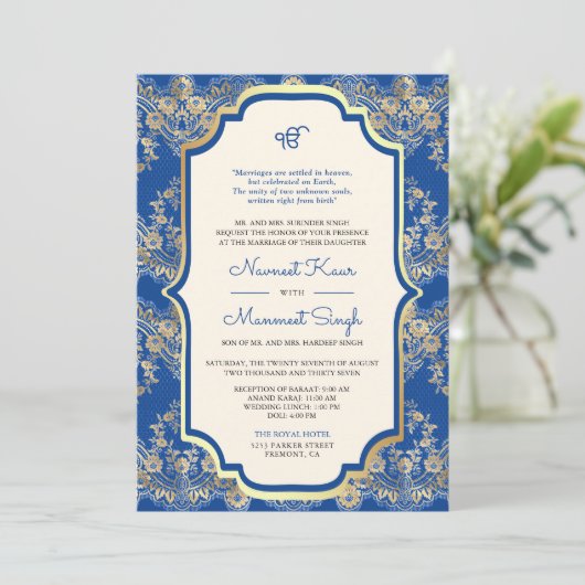 Invitation Royal Blue Lace QR Code Anand Karaj Sikh Mariage (Debout devant)