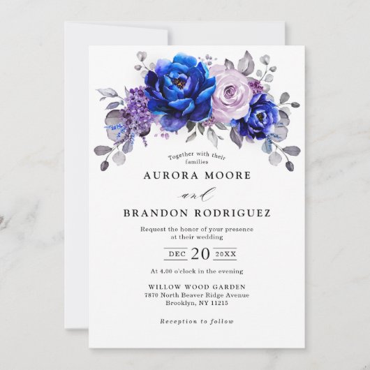 Invitation Royal Blue Lilac Purple Floral Mariage (Devant)