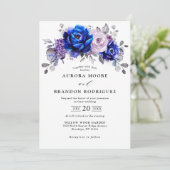 Invitation Royal Blue Lilac Purple Floral Mariage (Debout devant)