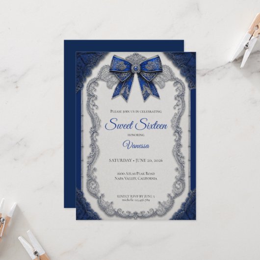 Invitation Royal Blue Luxe Argent Sweet 16 (Devant/Arrière en situation)