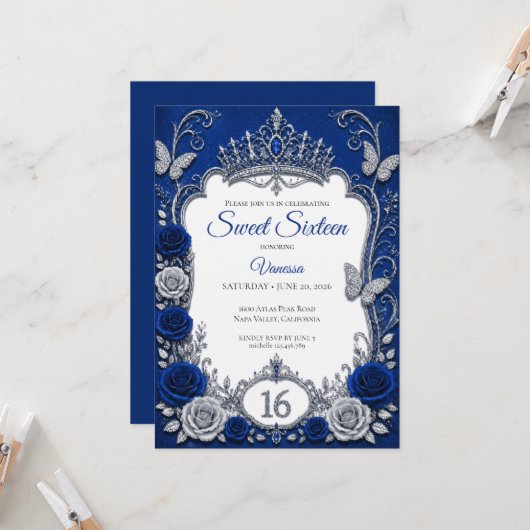 Invitation Royal Blue Luxe Argent Sweet 16 (Devant/Arrière en situation)