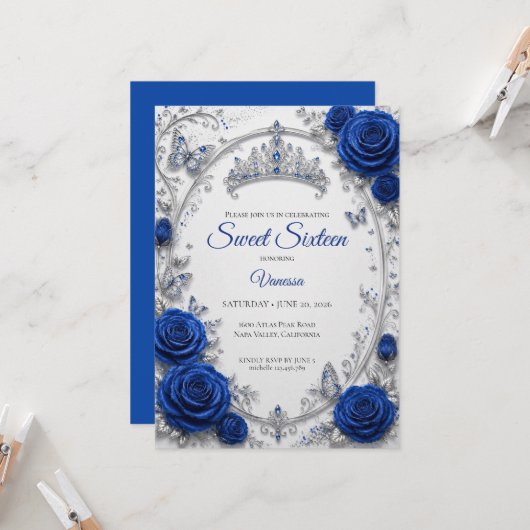 Invitation Royal Blue Luxe Argent Sweet 16 (Devant/Arrière en situation)