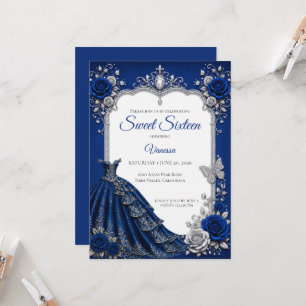 Invitation Royal Blue Luxe Argent Sweet 16