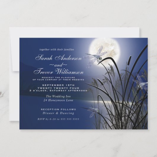 Invitation Royal Blue Mariage Pleine lune Dragonfly Pond (Devant)