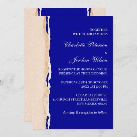 Invitation Royal Blue moderne et Rose Gold Mariage (Devant / Derrière)