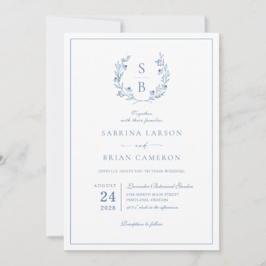 Invitation Royal Blue Monogram Wreath QR Code Mariage (Devant)