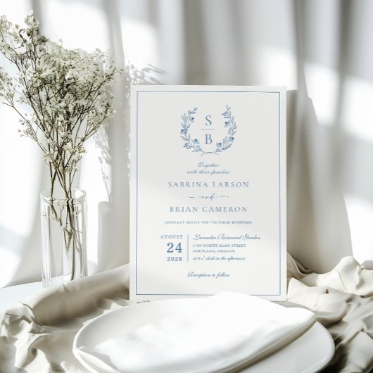 Invitation Royal Blue Monogram Wreath QR Code Mariage