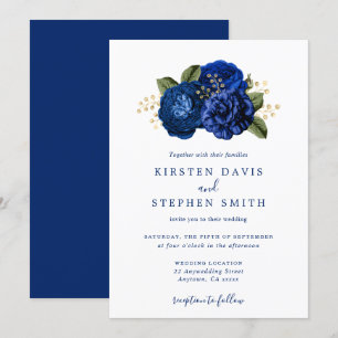 Invitation Royal Blue Navy Gold Floral Mariage de automne d'h