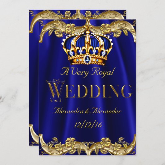 Invitation Royal Blue Navy Mariage Gold Crown (Devant / Derrière)