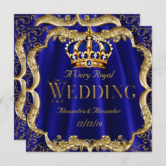 Invitation Royal Blue Navy Mariage Gold Crown (Devant / Derrière)