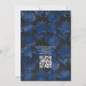 Invitation Royal Blue, noir et argent Floral QR Code Mariage (Dos)