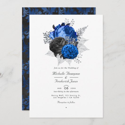 Invitation Royal Blue, noir et argent Floral QR Code Mariage (Devant / Derrière)