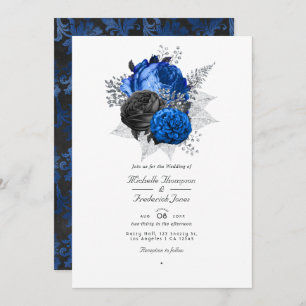 Invitation Royal Blue, noir et argent Floral QR Code Mariage