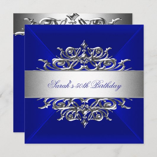 Invitation Royal Blue On Silver 50th Birthday Party (Devant / Derrière)