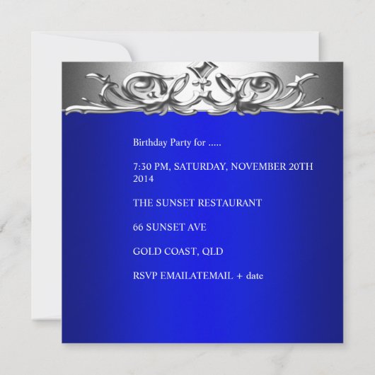 Invitation Royal Blue On Silver 50th Birthday Party (Dos)