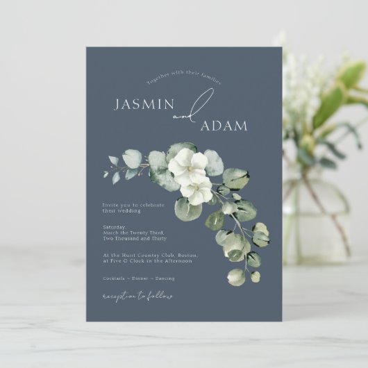 Invitation Royal Blue Opulence Eucalyptus Foliage Mariage (Debout devant)