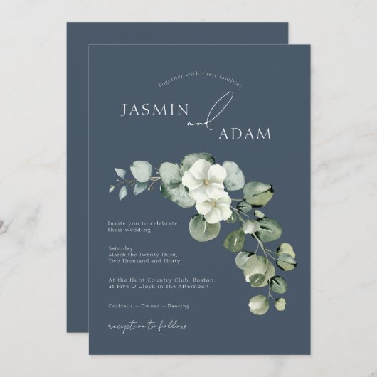 Invitation Royal Blue Opulence Eucalyptus Foliage Mariage (Devant / Derrière)