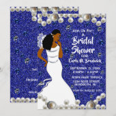 Invitation Royal Blue Pearls Fête des mariées afro-américaine (Devant / Derrière)