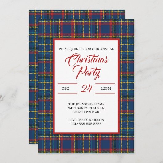 Invitation Royal Blue Plaid Design, rouge, rayures turquoise (Devant / Derrière)