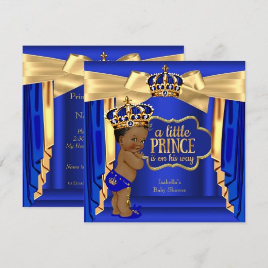 Invitation Royal Blue Prince Baby shower Gold Crown (Devant / Derrière)